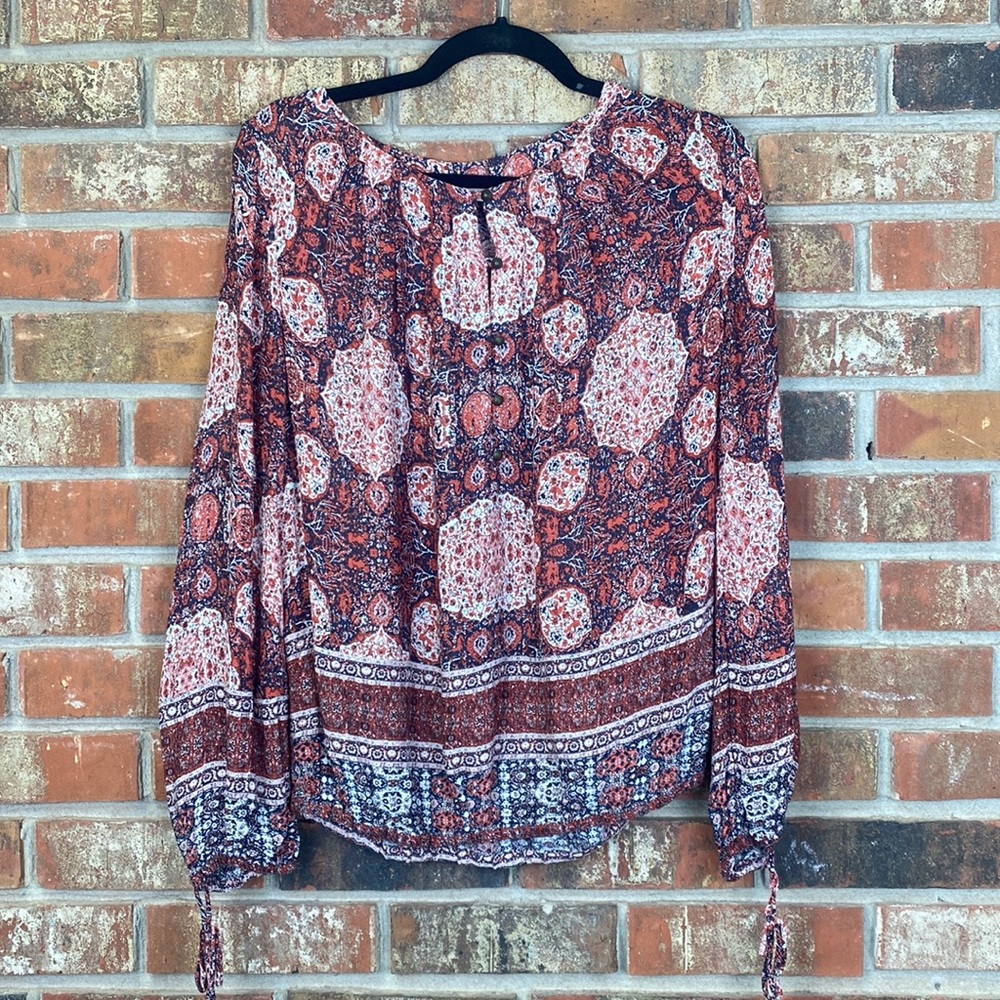 Lucky Brand Orange Blue Printed Blouse Top Keyhole Button Tie Sleeve Small